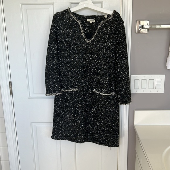 Max Studio Vneck Quarter Sleeve Tweed Boucle Sheath Black White Mini Dress - Picture 4 of 7